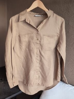 100% Linen Tan Button Down Shirt Size 8